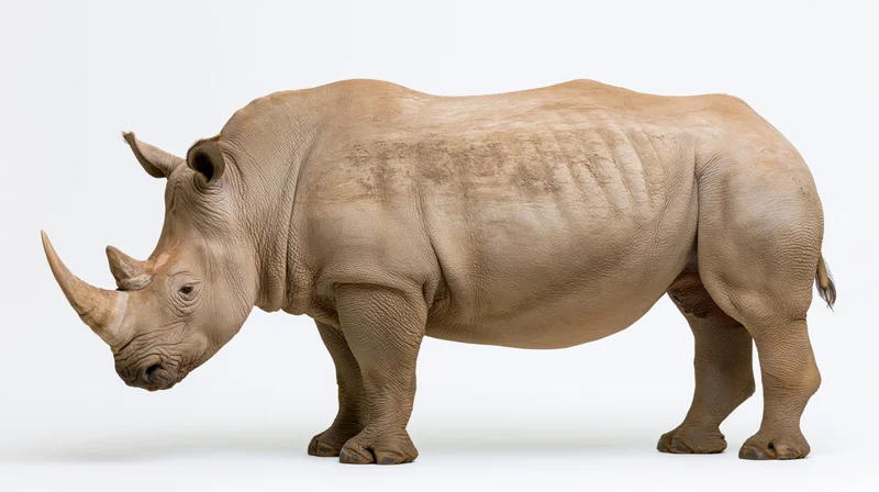 White rhinoceros standing in full side profile with head slightly lowered on white background