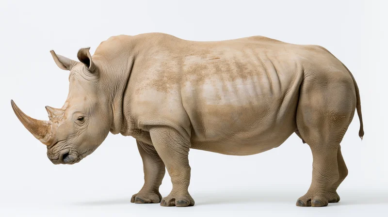 White rhinoceros standing in full profile with head slightly lowered against white background