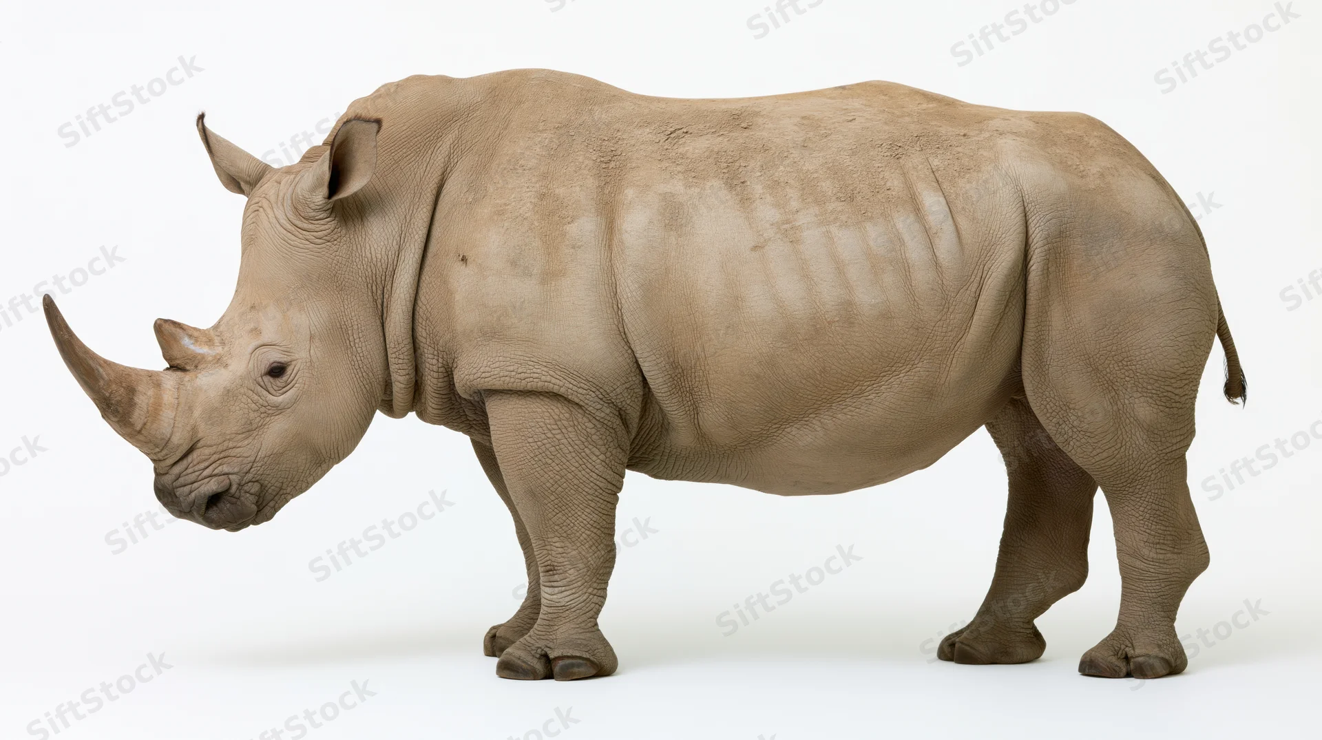 White rhinoceros standing in full side profile against white background