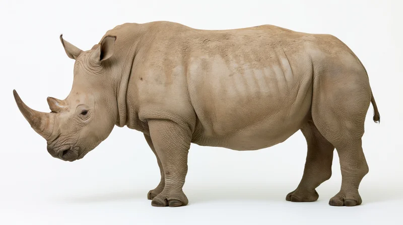 White rhinoceros standing in full side profile against white background