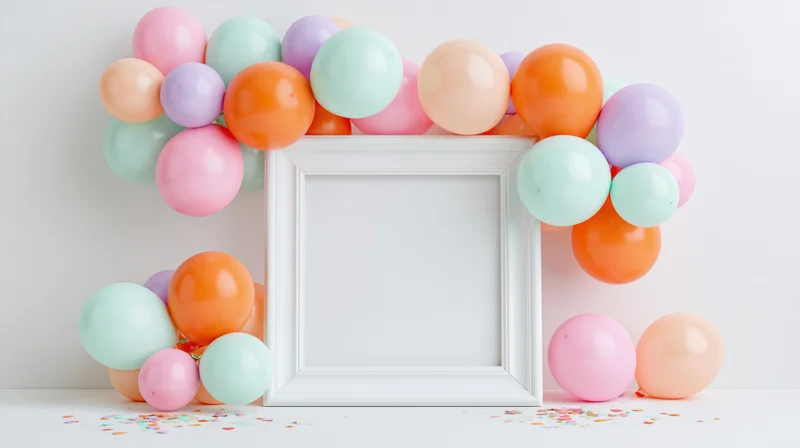 White square frame with blank center surrounded by pastel balloons and confetti on white surface