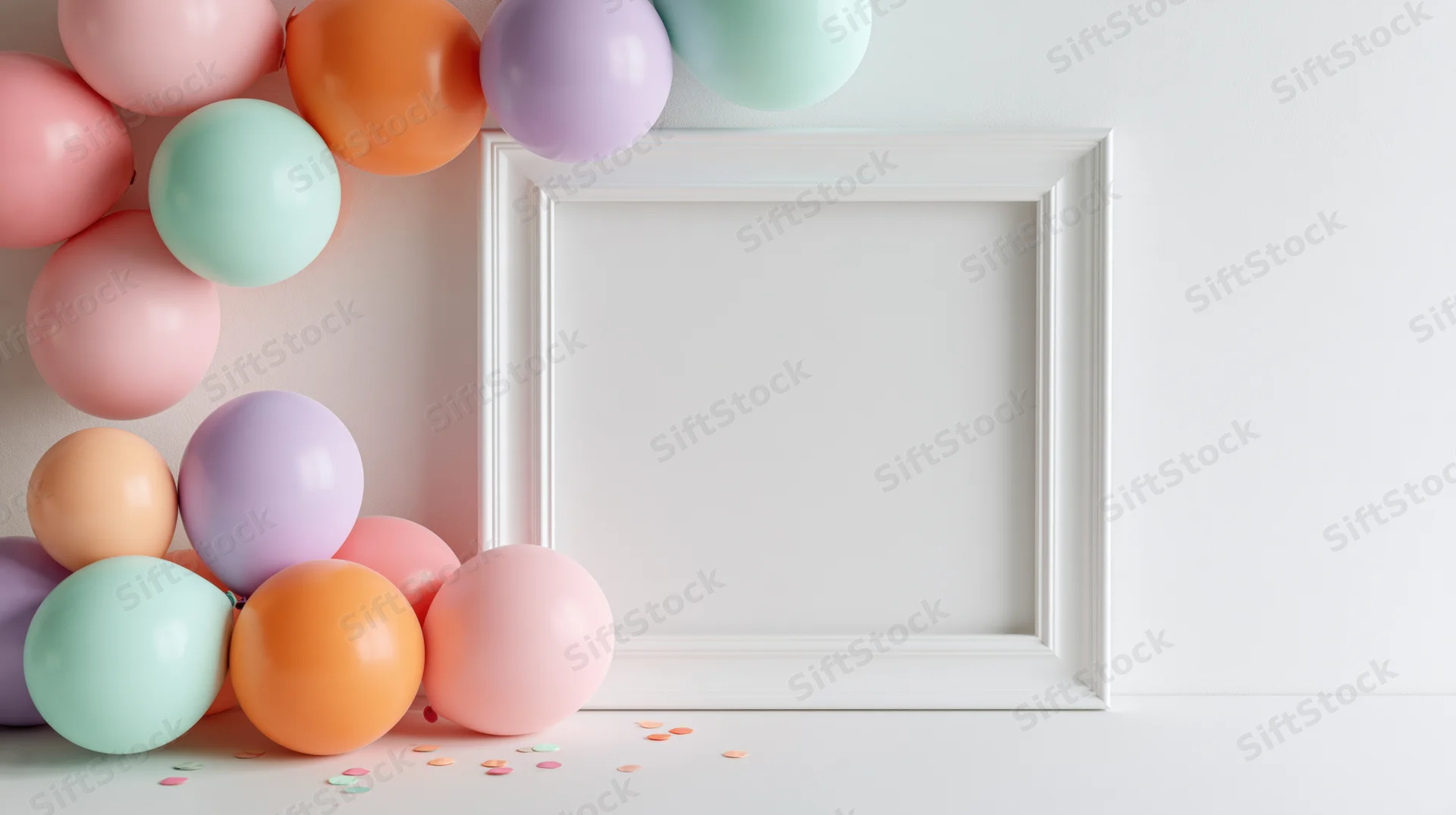 White square frame with pastel balloons and confetti on a plain surface