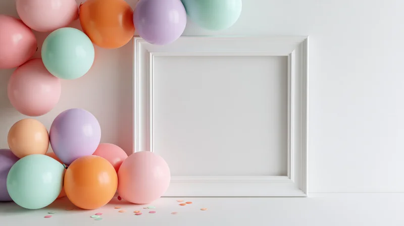 White square frame with pastel balloons and confetti on a plain surface