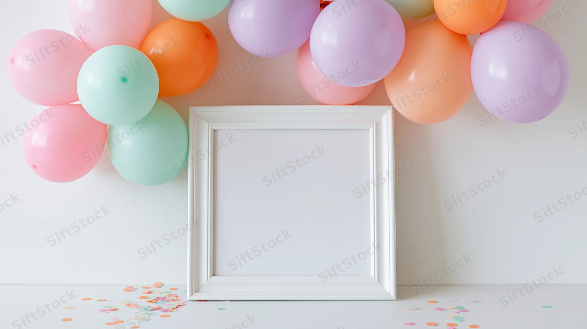 White square frame with blank center propped against a wall under pastel balloons and confetti