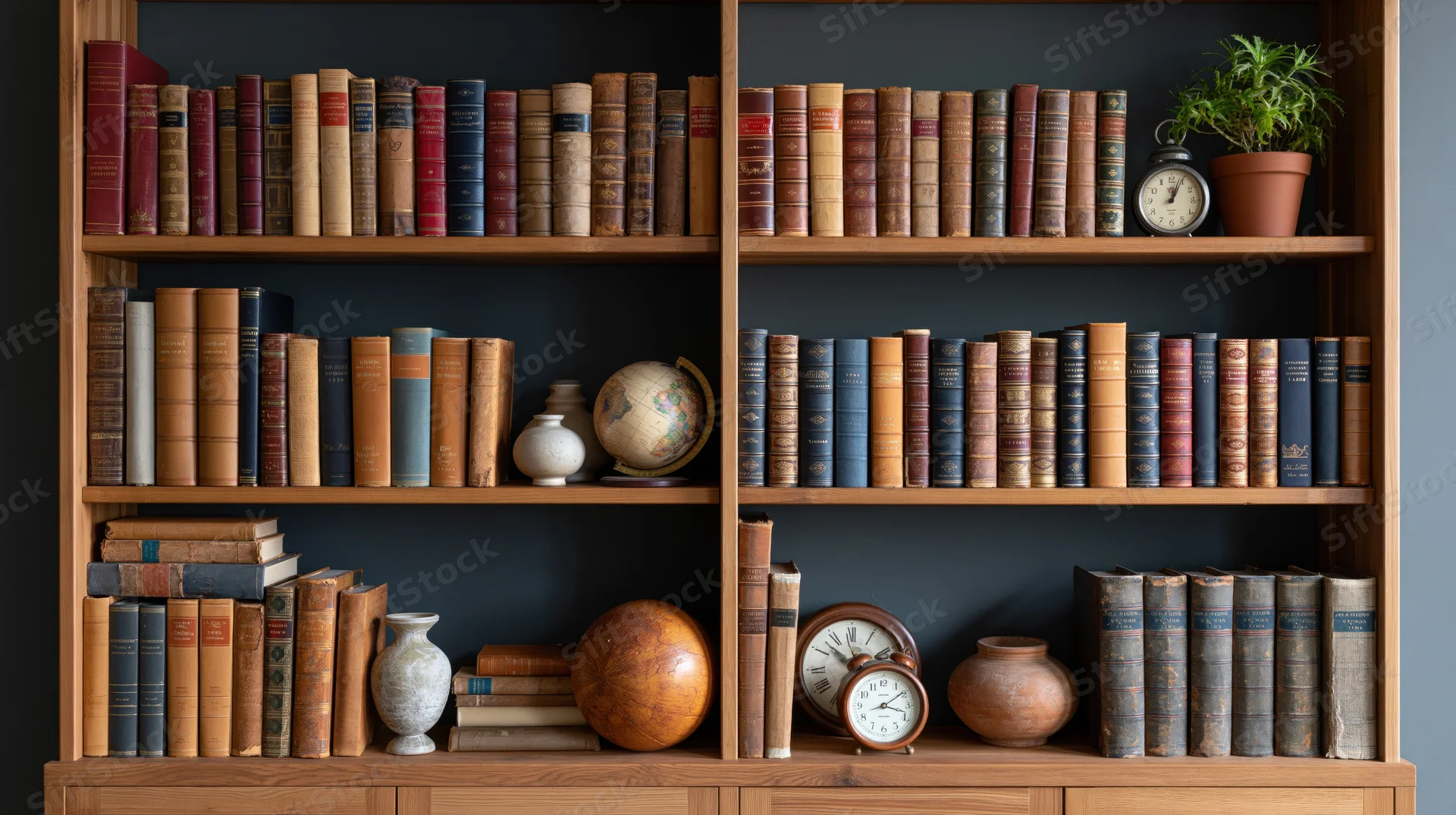 Wooden bookcase filled with vintage hardcover books and decorative objects arranged on shelves in a study interior