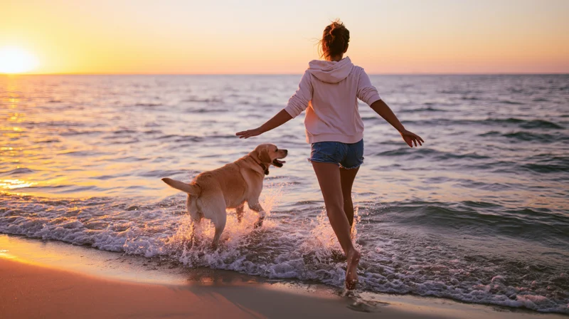 Woman and dog running through shallow ocean surf at sunset on beach