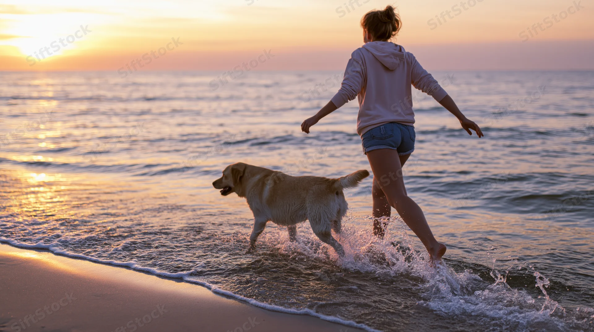 Woman running through shallow ocean surf with dog at sunset on beach