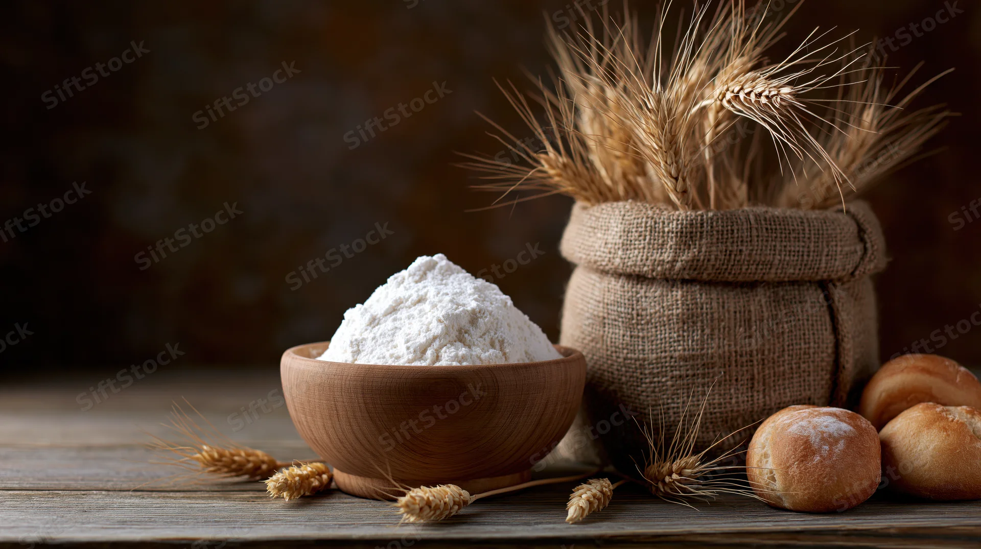 Wooden bowl filled with white flour beside a burlap sack holding wheat stalks on a rustic wooden table with small loaves of bread nearby