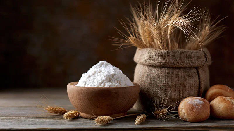 Wooden bowl filled with white flour beside a burlap sack holding wheat stalks on a rustic wooden table with small loaves of bread nearby