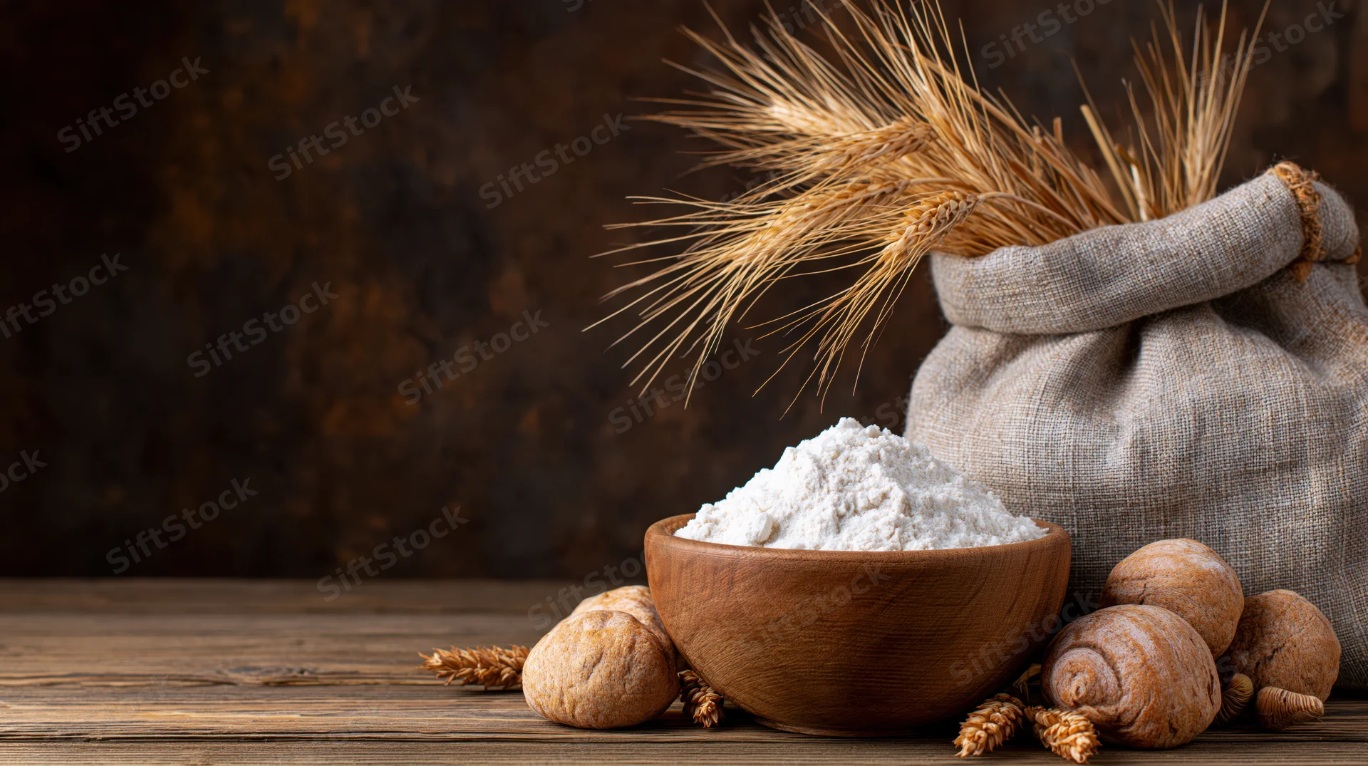 Wooden bowl filled with white flour beside a burlap sack holding wheat sheaves on a rustic wooden table