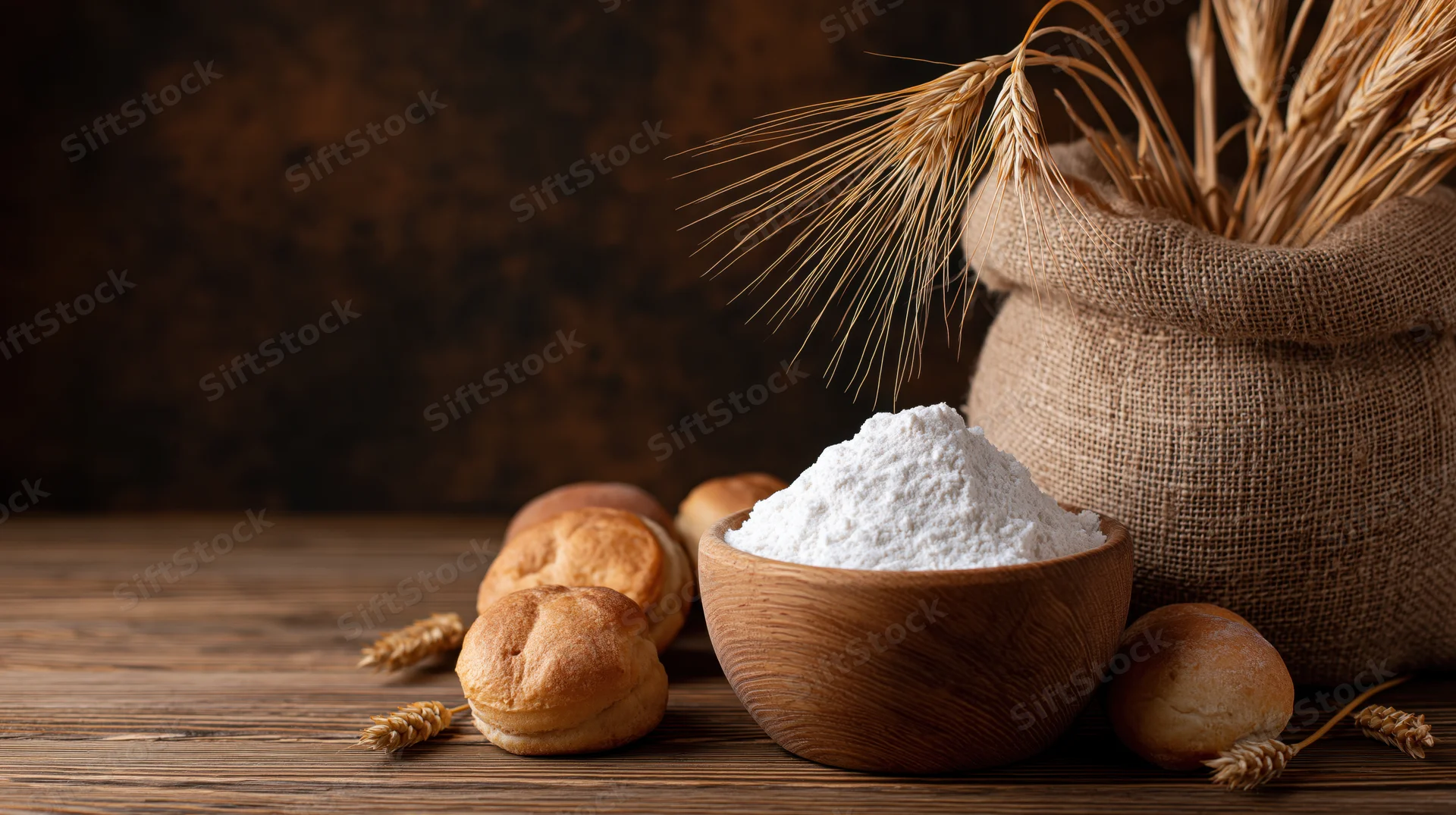 Wooden bowl filled with white flour beside a burlap sack holding wheat stalks on a wooden table with small bread rolls nearby