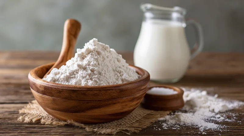 Wooden bowl heaped with white flour and wooden spoon on rustic table with milk and salt nearby