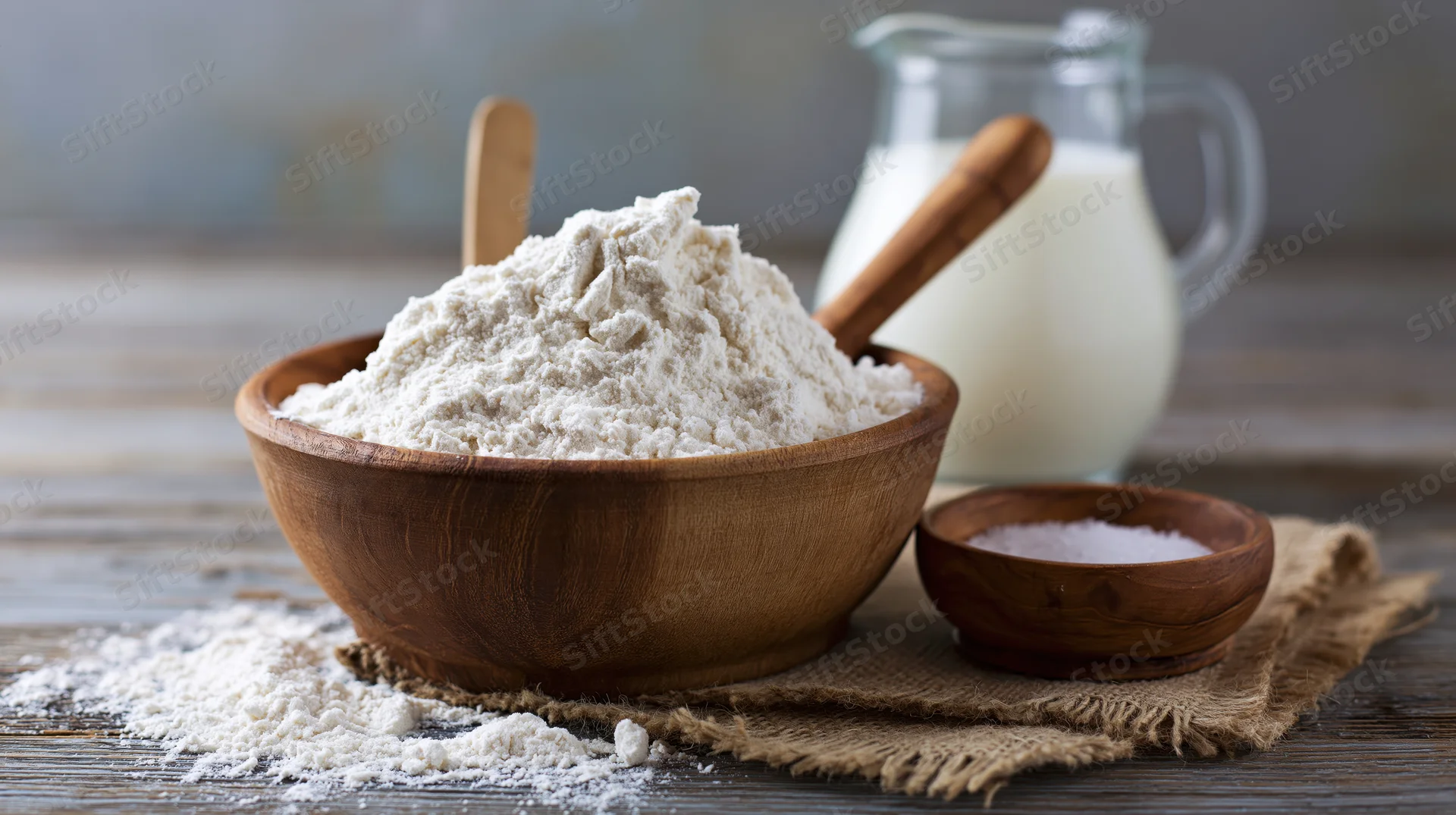 Wooden bowl heaped with flour and wooden spoon on rustic table with milk and salt nearby