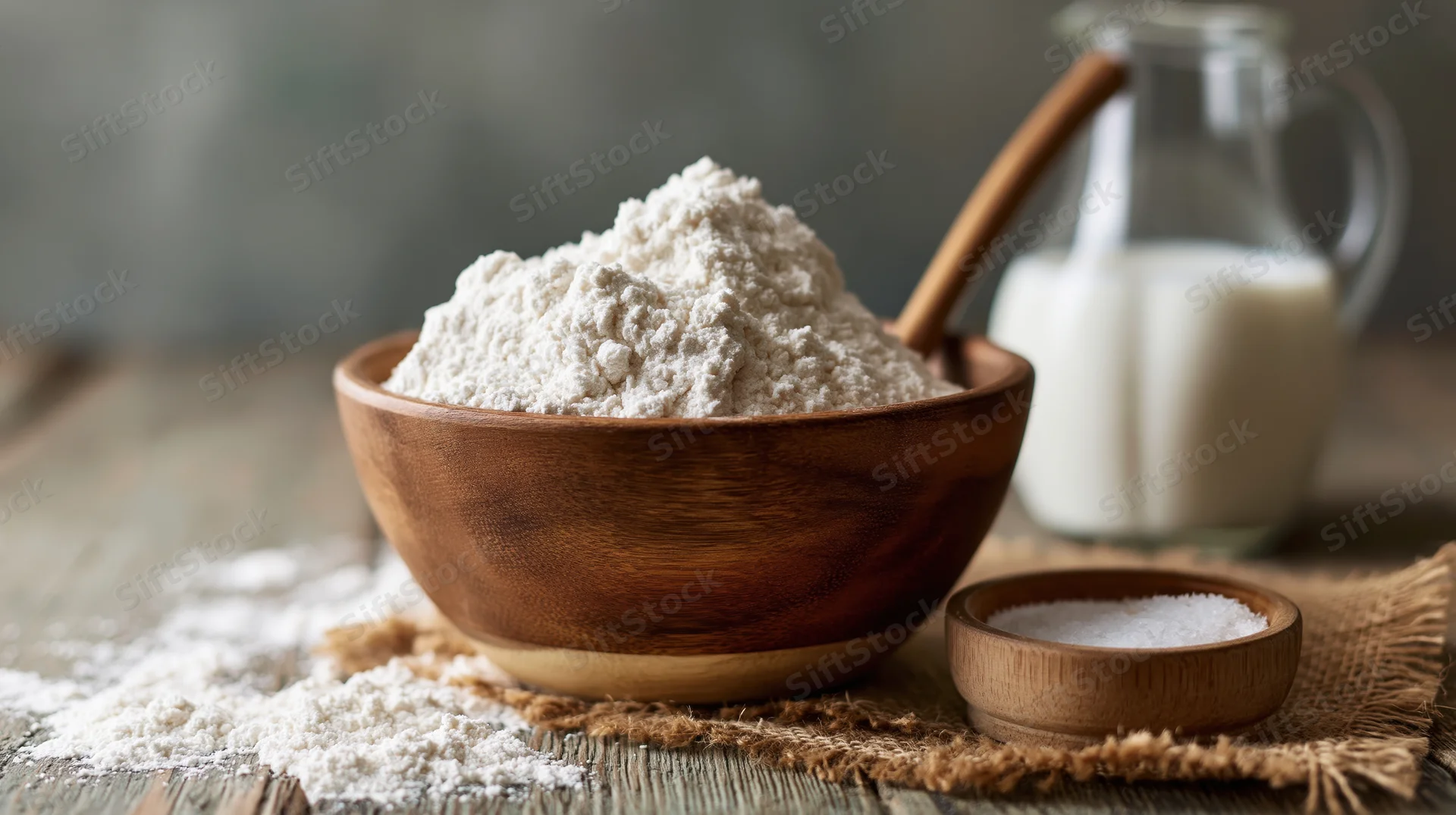 Wooden bowl heaped with white flour and wooden spoon on rustic table with milk and salt nearby