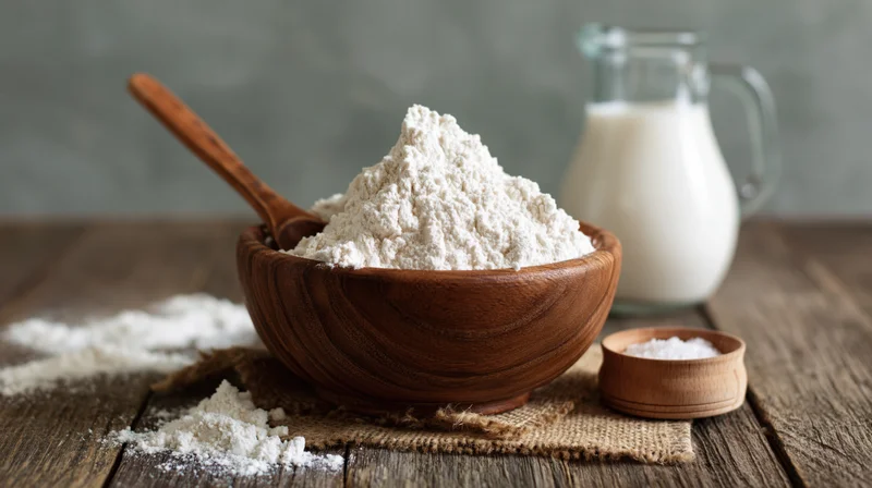 Wooden bowl heaped with white flour and wooden spoon on rustic table with milk and salt nearby
