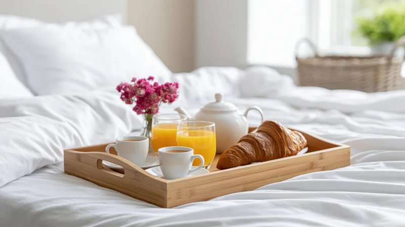 Wooden breakfast tray with croissant, orange juice, tea and flowers on an unmade white bed in a bright bedroom