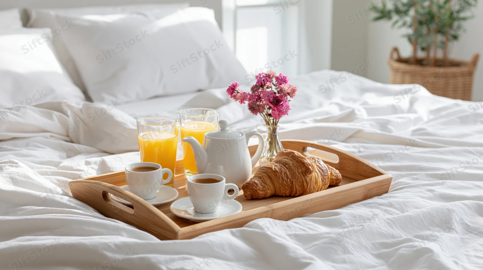 Wooden breakfast tray with coffee, orange juice and croissant on an unmade white bed