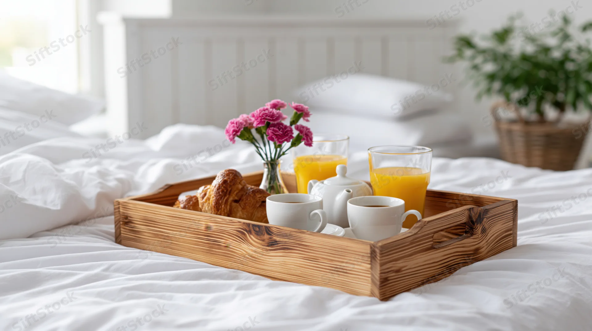 Wooden breakfast tray with coffee, orange juice, croissants and pink flowers on an unmade white bed