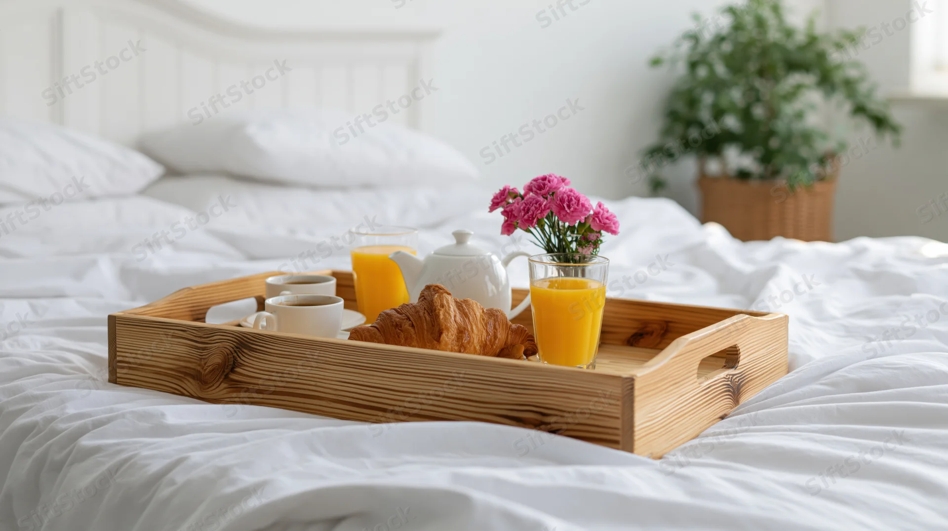 Wooden breakfast tray with croissant, orange juice, teapot and flowers on an unmade white bed