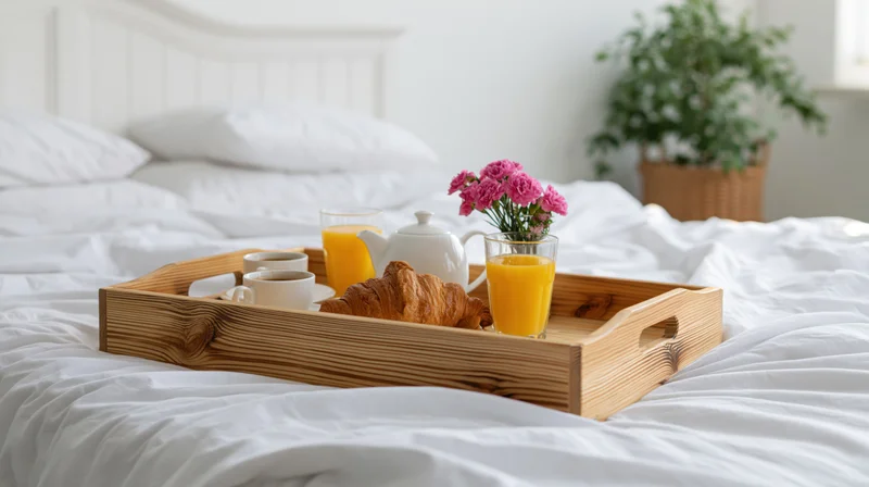 Wooden breakfast tray with croissant, orange juice, teapot and flowers on an unmade white bed