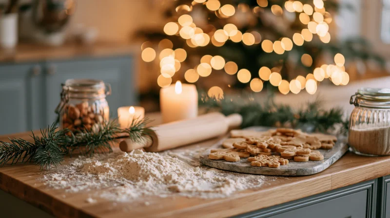 Holiday cookies on a floured wooden counter with candles and christmas lights in the background