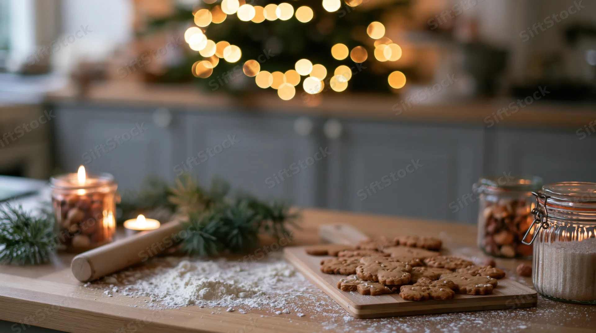 Gingerbread cookies on a wooden kitchen counter with flour and candles, christmas tree lights in background