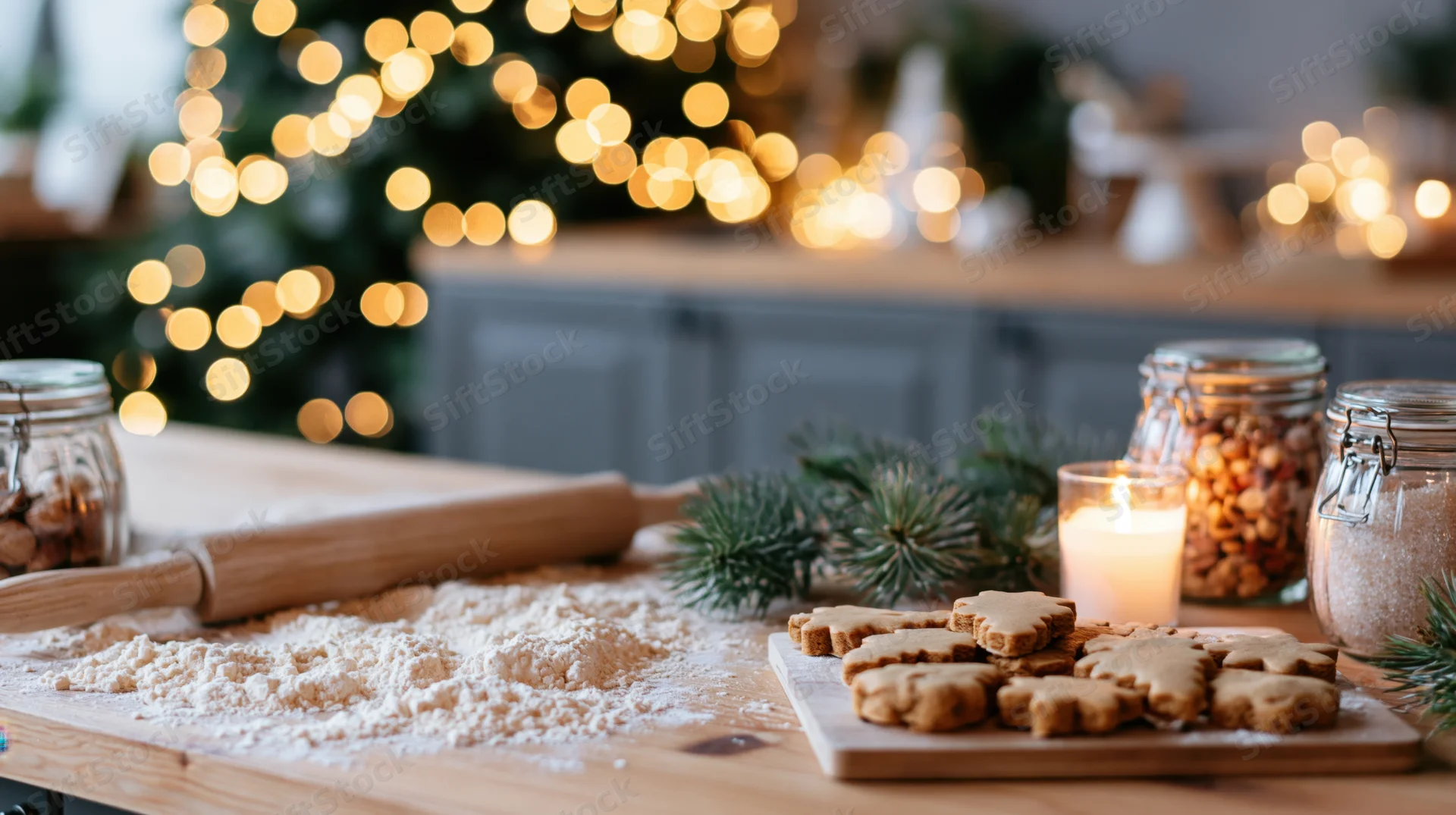 Gingerbread cookies on a wooden counter with flour and a rolling pin near a lit candle and christmas tree lights
