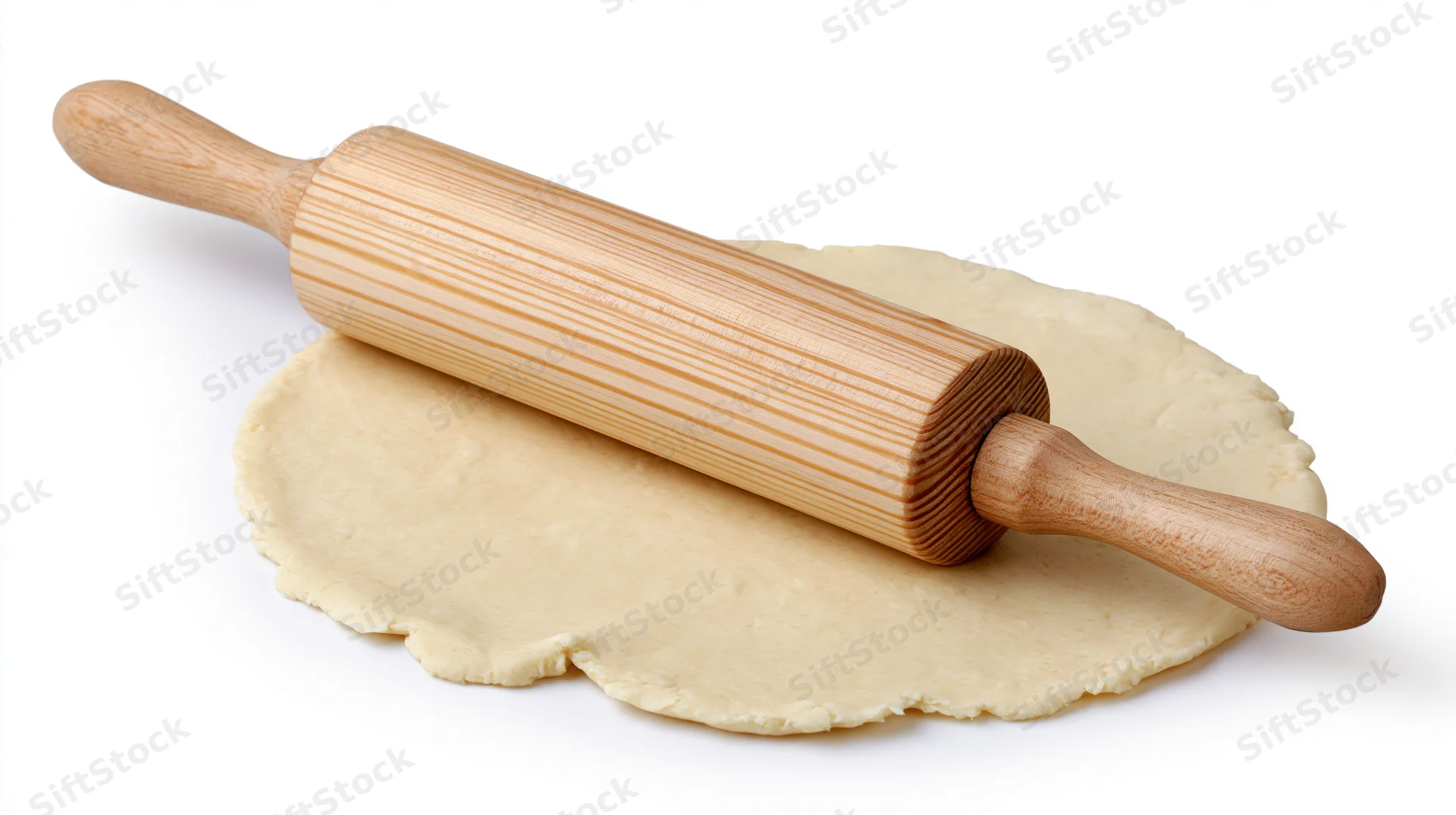 Wooden rolling pin resting diagonally on flattened dough on white background