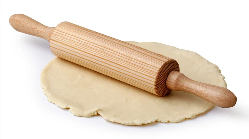 Wooden rolling pin resting diagonally on flattened dough on white background