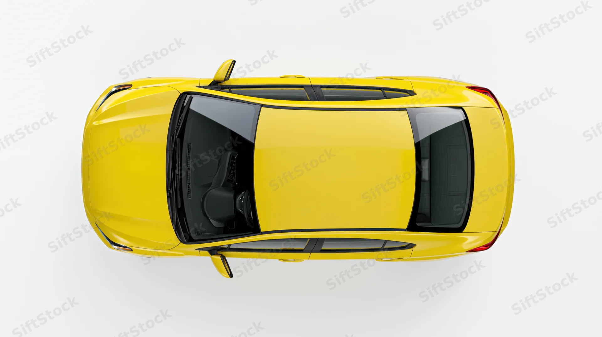 Yellow compact sedan viewed from directly above against white background