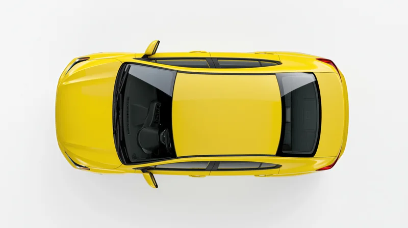 Yellow compact sedan viewed from directly above against white background