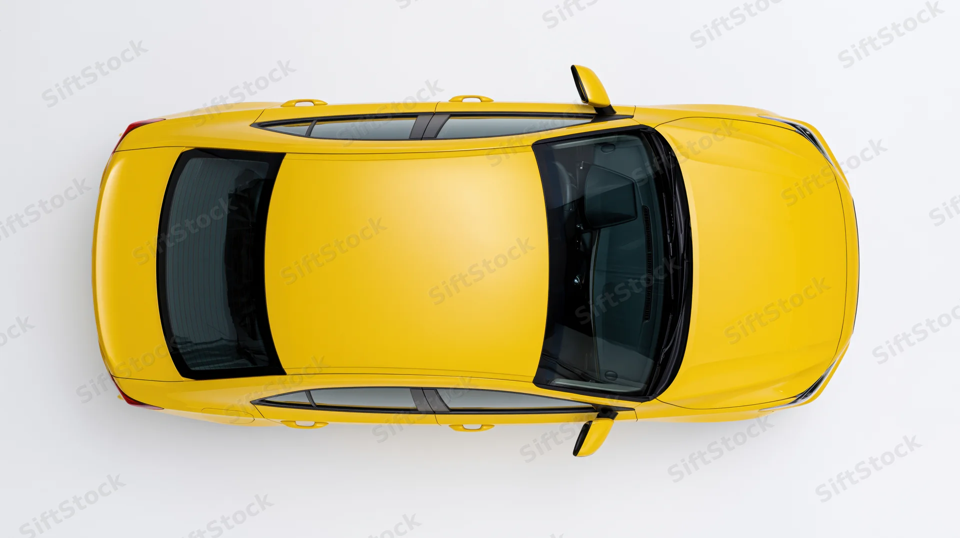Yellow compact sedan viewed from directly overhead on white background