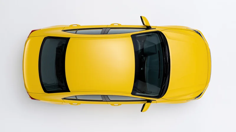 Yellow compact sedan viewed from directly overhead on white background