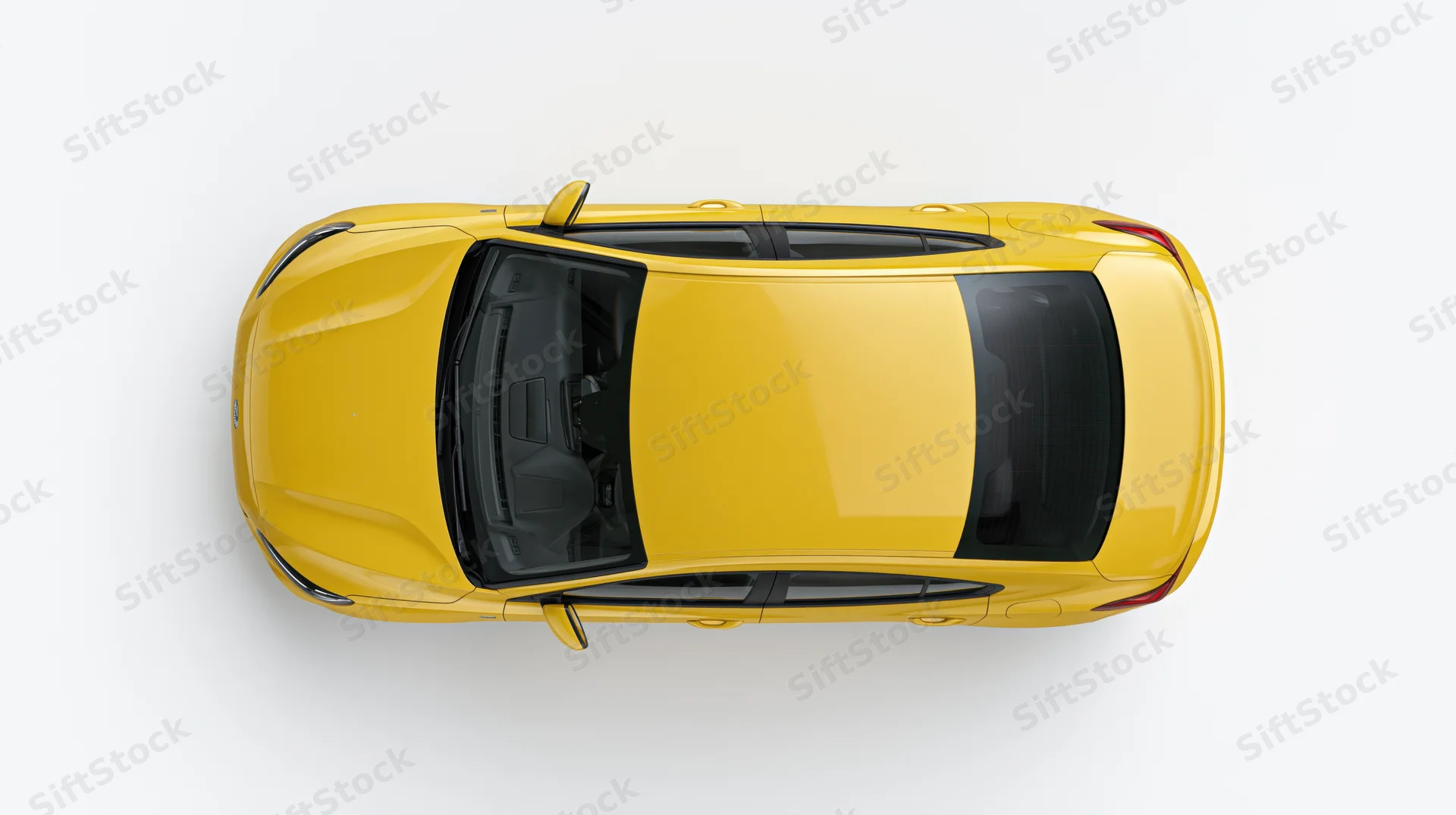 Yellow compact sedan viewed from directly overhead on white background