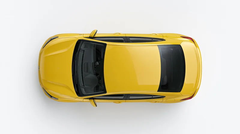 Yellow compact sedan viewed from directly overhead on white background
