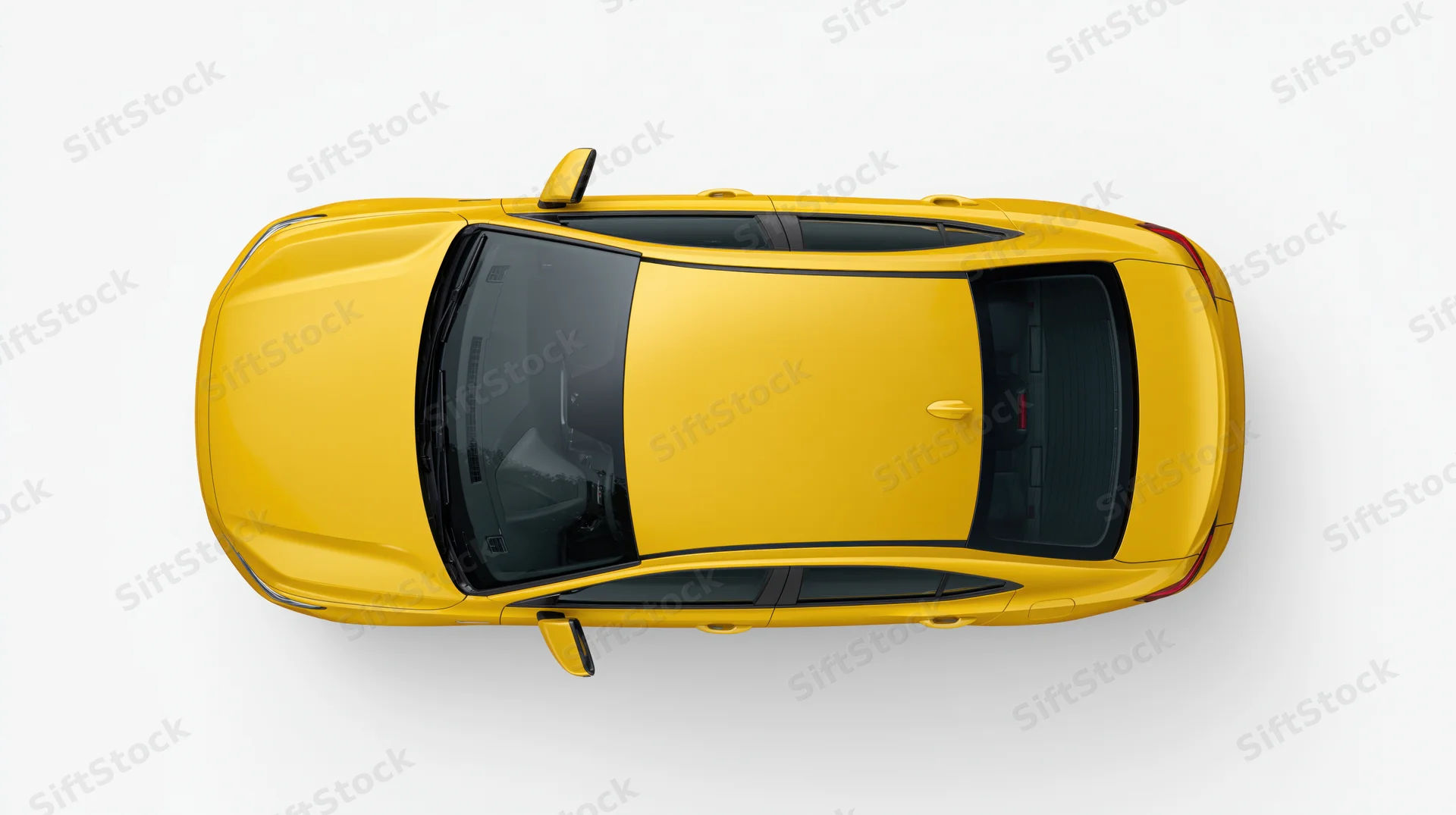 Yellow compact sedan viewed from directly overhead on white background