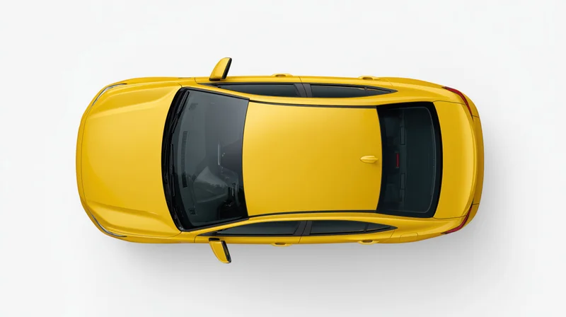 Yellow compact sedan viewed from directly overhead on white background
