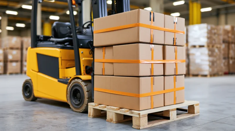 Yellow electric forklift beside stacked cardboard boxes on wooden pallet in warehouse