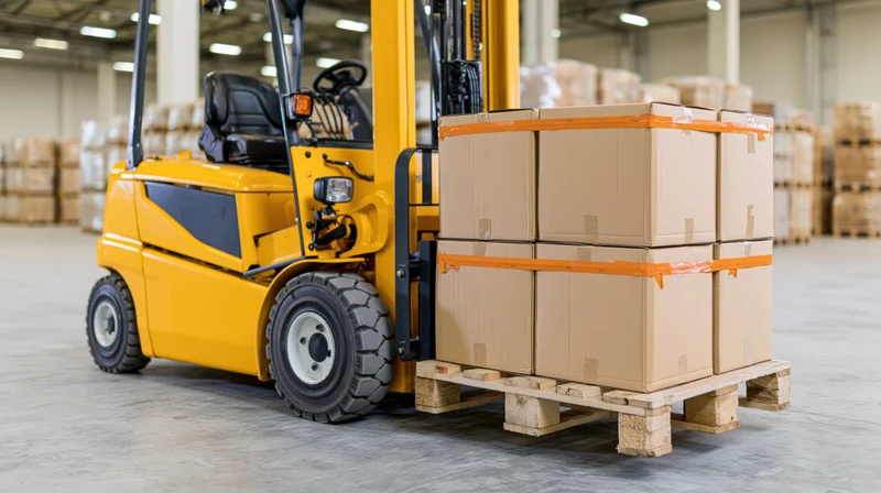 Yellow electric forklift lifting stacked cardboard boxes on wooden pallet in warehouse