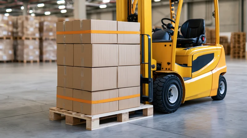 Yellow electric forklift lifting stacked cardboard boxes on wooden pallet in warehouse