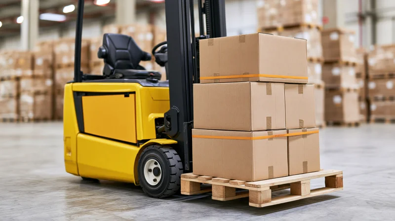 Yellow electric forklift lifting stacked cardboard boxes on wooden pallet in warehouse