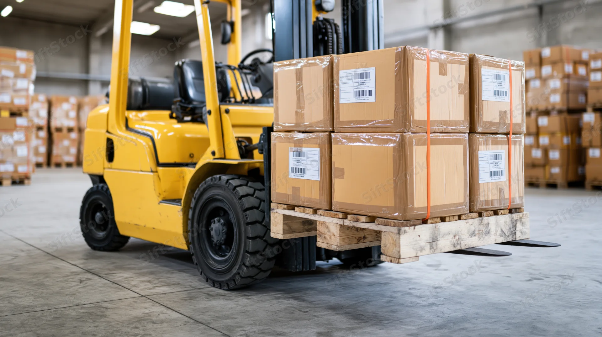 Yellow forklift lifting stacked cardboard boxes on wooden pallet in warehouse