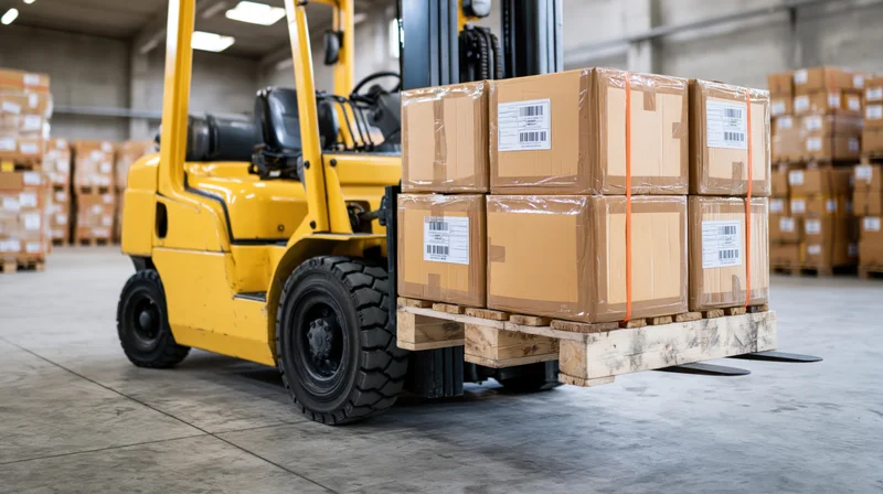 Yellow forklift lifting stacked cardboard boxes on wooden pallet in warehouse