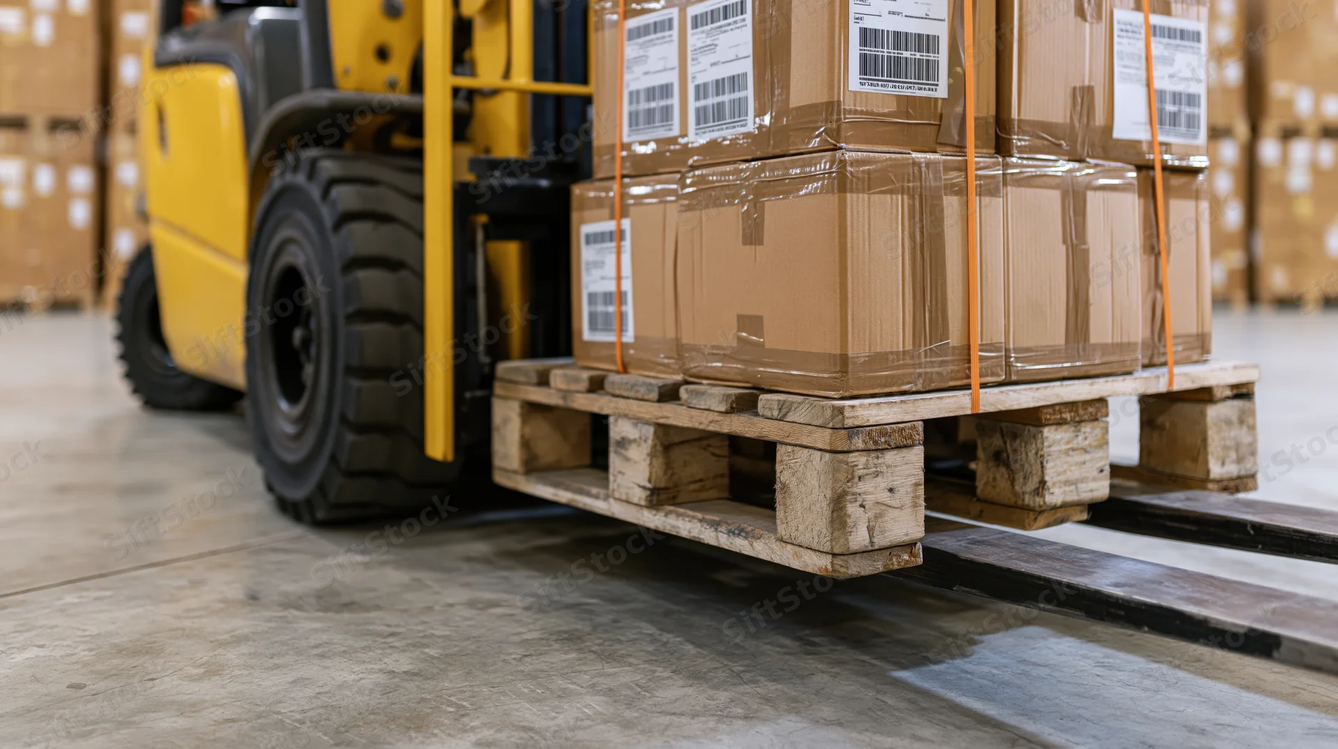 Yellow forklift lifting wooden pallet stacked with cardboard boxes in warehouse