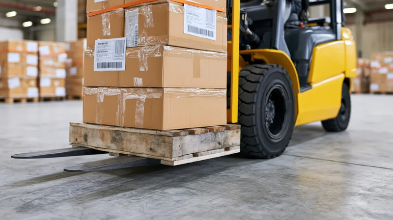 Yellow forklift lifting stacked cardboard boxes on wooden pallet in warehouse