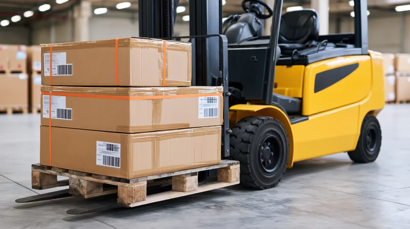 Yellow forklift lifting stacked cardboard boxes on wooden pallet in warehouse