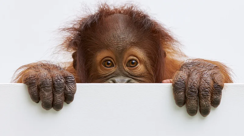 Young orangutan peeking over white board in studio setting