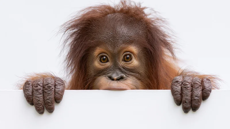Baby orangutan peeking over white surface with hands gripping edge