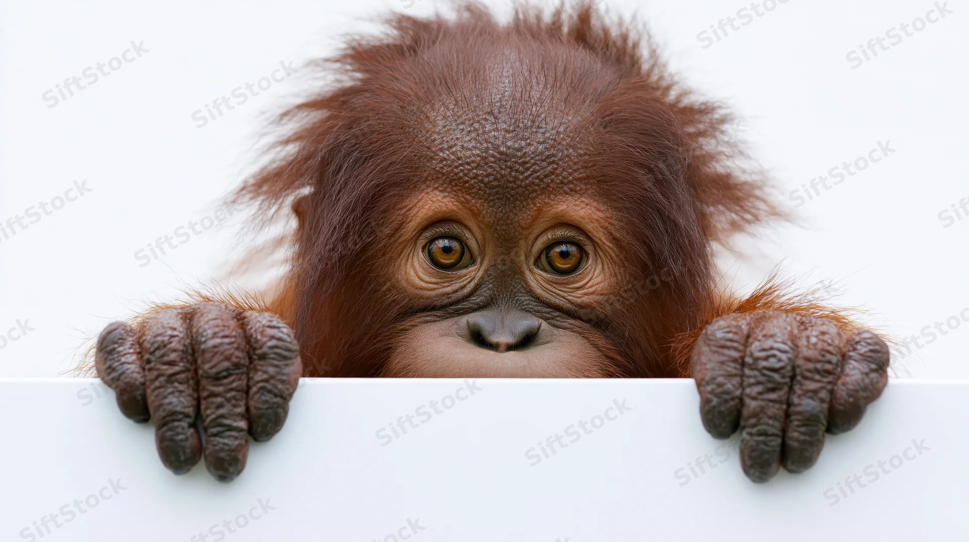 Young orangutan peeking over a white horizontal board in studio setting
