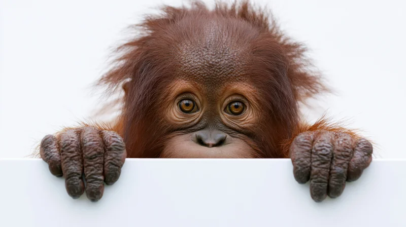 Young orangutan peeking over a white horizontal board in studio setting
